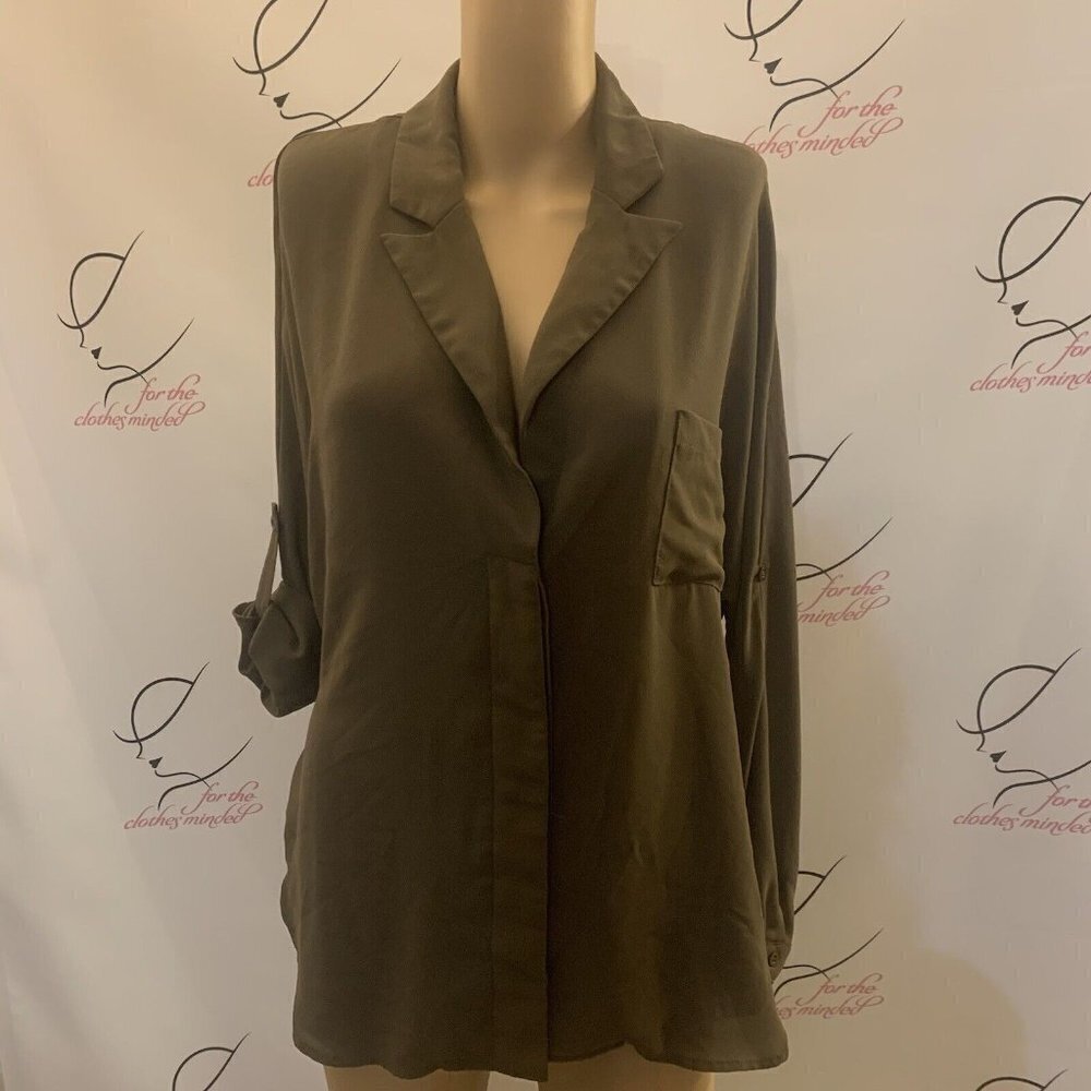 E. Ssue. Size Medium. Asymmetrical Blouse. Back Belt. Roll Tab Cuffs. B87.